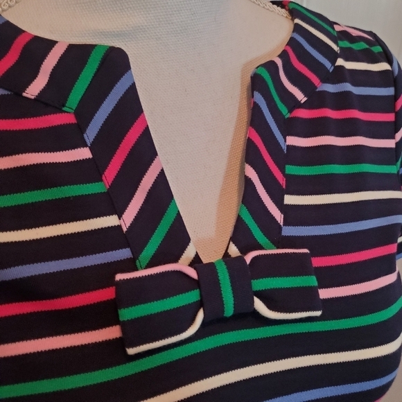Talbots dress Womens P XS Stripes Colorful Blue Bow Neck Stretchy Shift - Picture 13 of 13